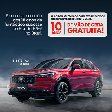 Campanha Honda HR-V 2026 comemorando 10 anos no Brasil com 10 anos de mão de obra gratuita nas revisões, exclusivo na Kaizen RS.