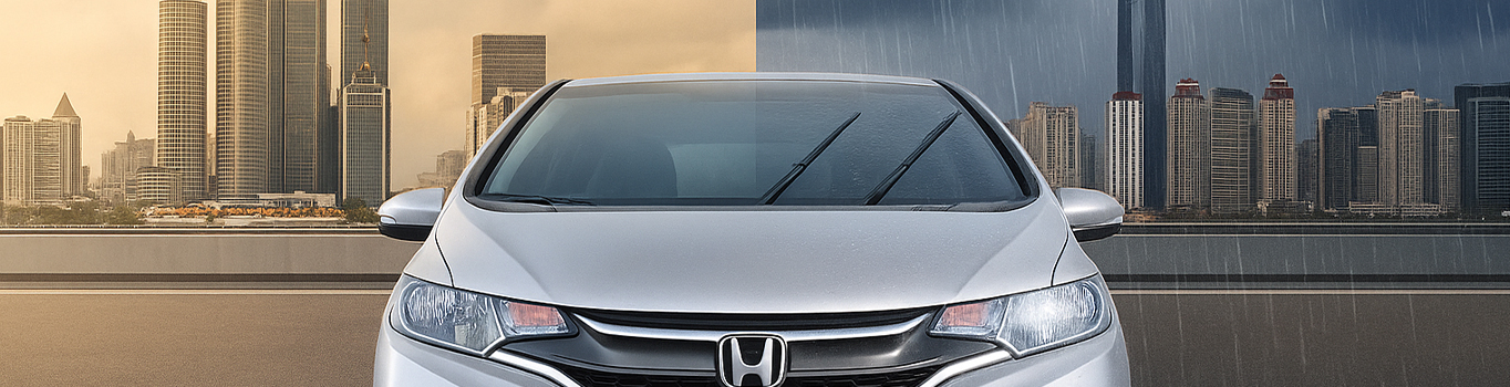 Honda Fit com limpador de para-brisa em funcionamento, dividido entre tempo seco e chuva, ilustrando a importância da visibilidade em diferentes condições climáticas.